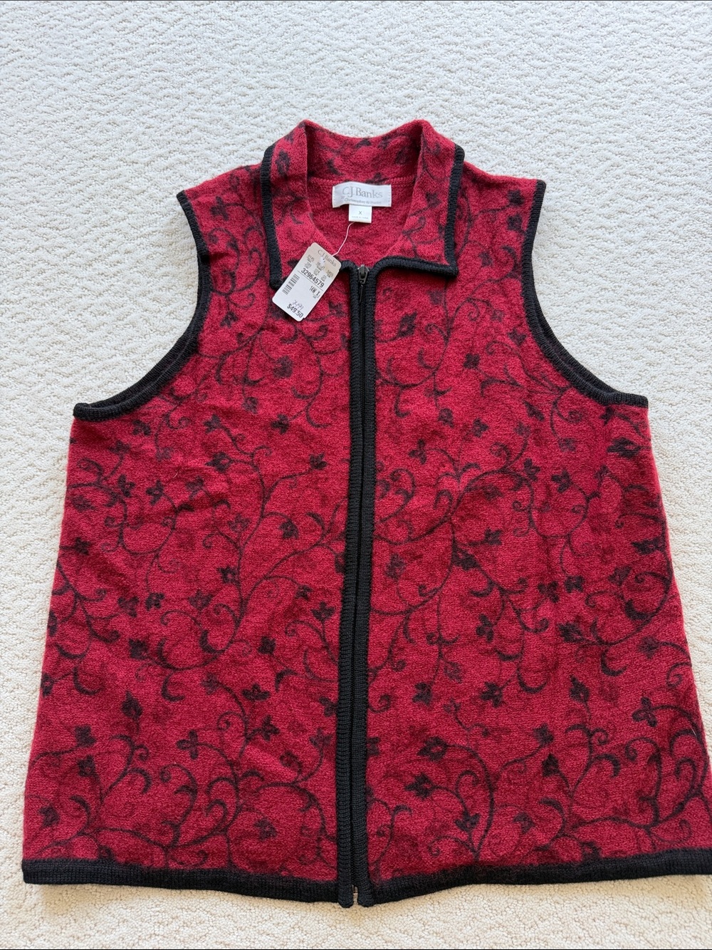 CJ Banks Red and Black Floral Zip-Front Vest